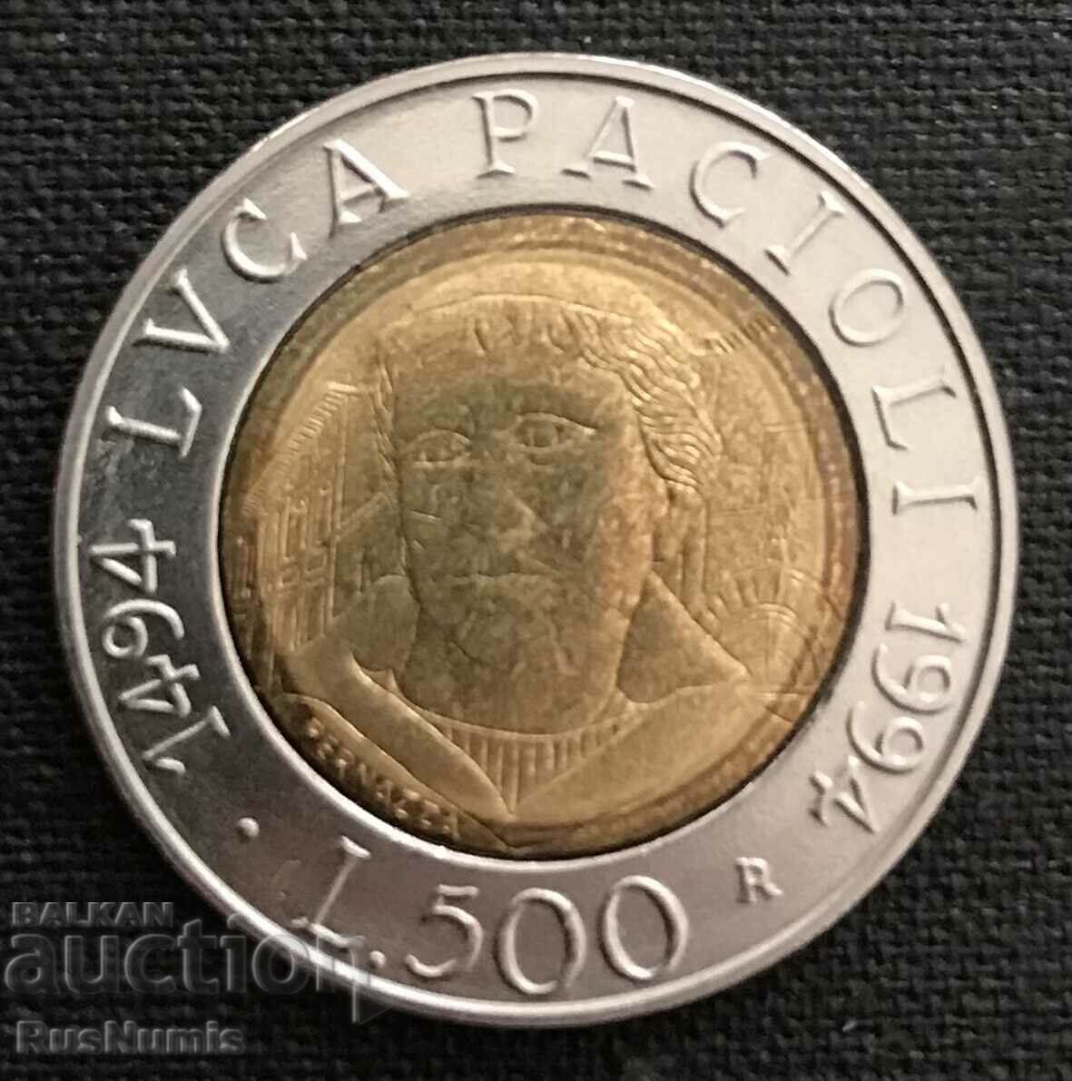 Италия. 500 лири 1994 г. Luca Pacioli.