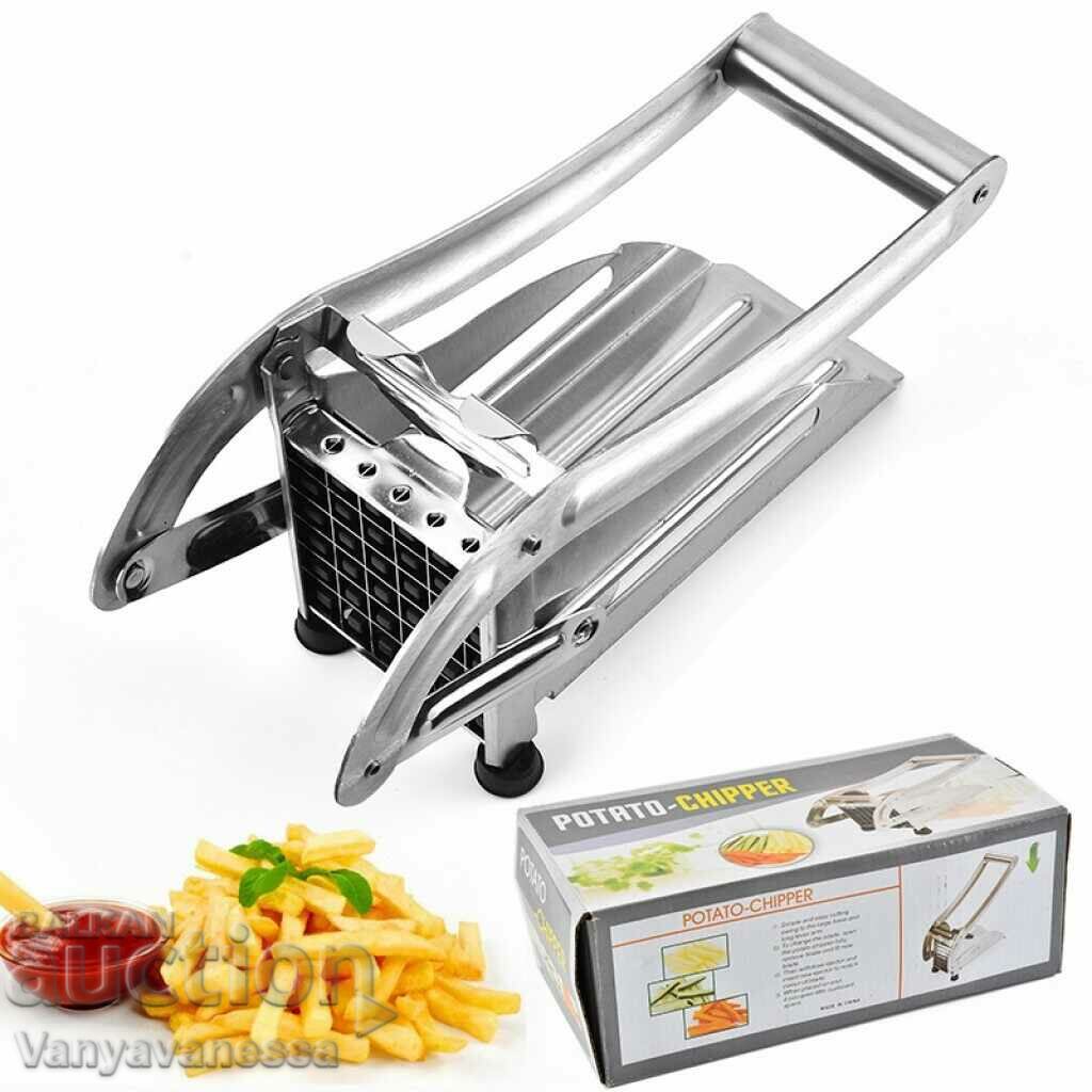 Potato press with two replaceable cutting attachments