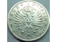 1 лира 1907 Италия Виктор Емануил сребро - доста рядка
