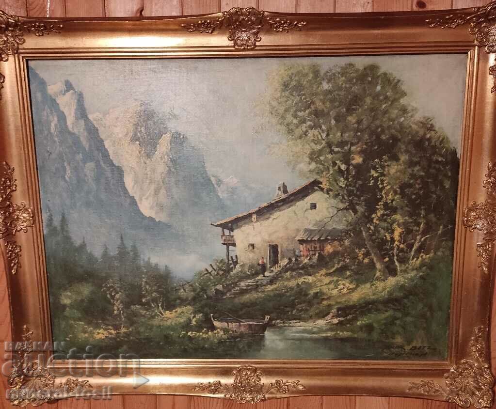 Pictura in ulei - peisaj alpin, cabana de munte