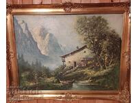 Картина маслена  - алпийски пейзаж, планинска хижа