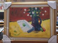 Oil painting canvas vase with flowers and letter