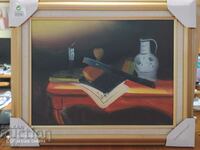 Painting oil canvas table books candle vase
