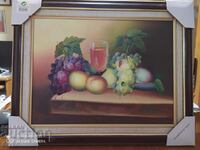 Painting oil canvas fruit and wine
