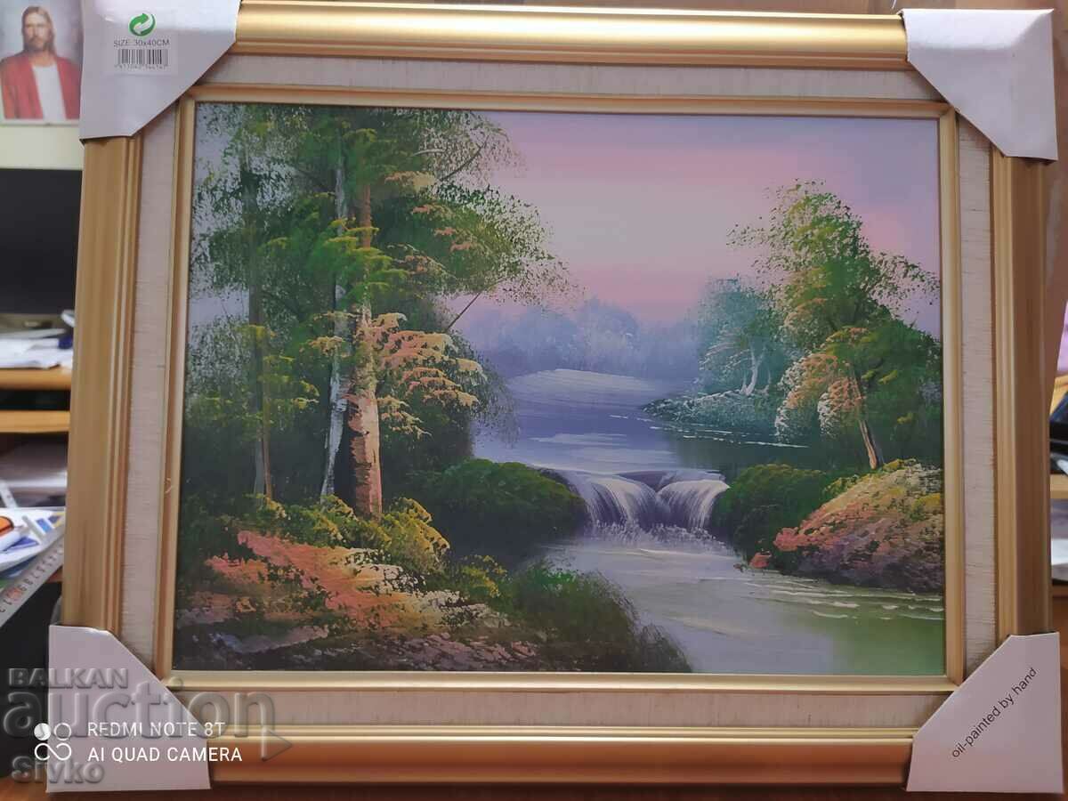 Painting oil canvas waterfall river