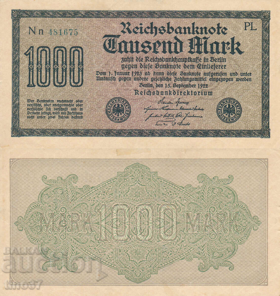 tino37- GERMANY - 1000 MARKS - 1922- XF