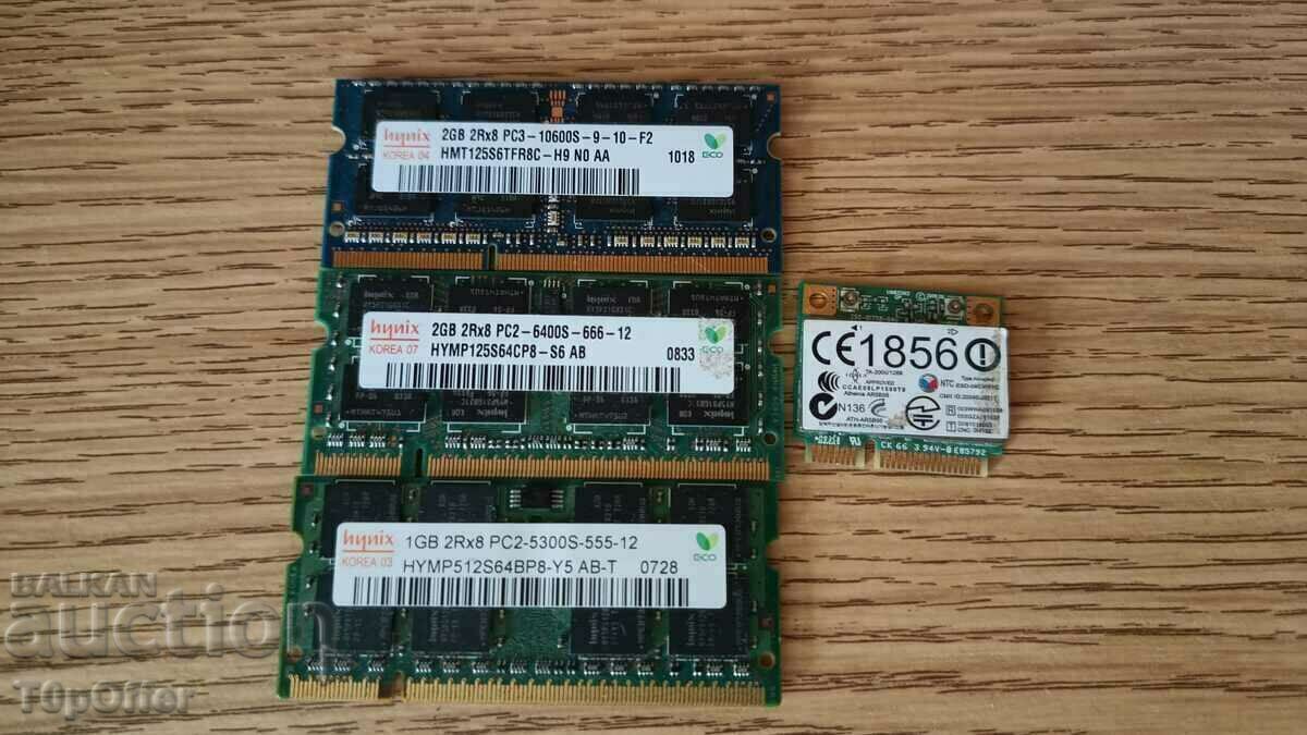3 laptop RAM cards and 1 laptop wi-fi card