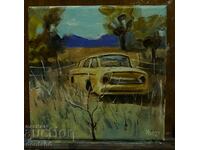 Oil painting - Rural landscape - The old car in the village
