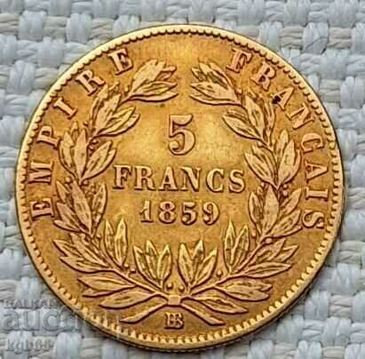 5 franci de aur 1859. Monedă rară.