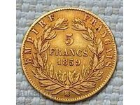 5 franc gold 1859. France. Rare coin.