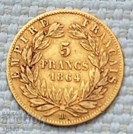 5 franci de aur 1864. Monedă rară.