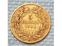 5 франка злато 1864 г. Франция.Рядка монета.