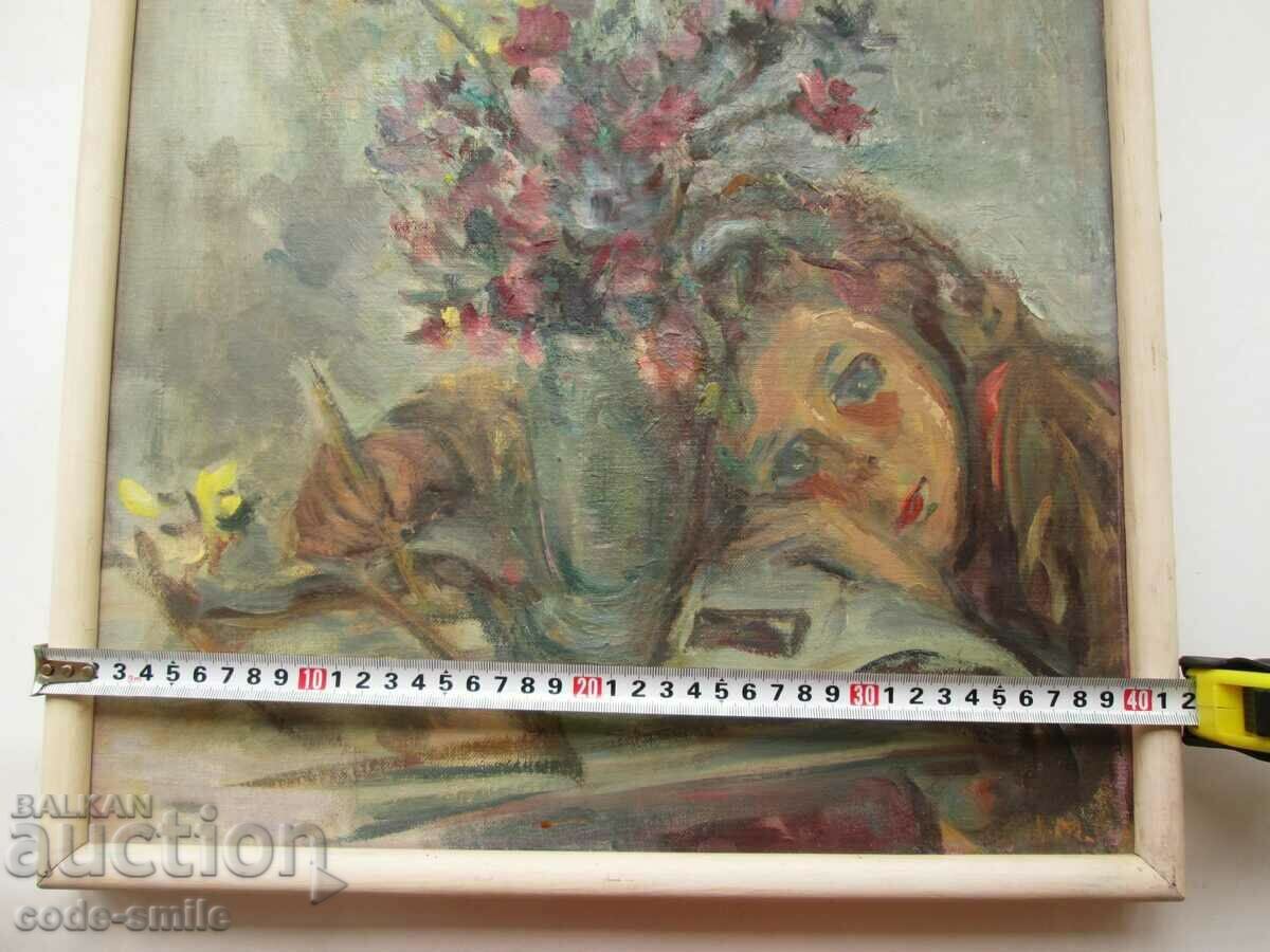 Old painting "Dreaming" painting drawing oil on canvas - 5