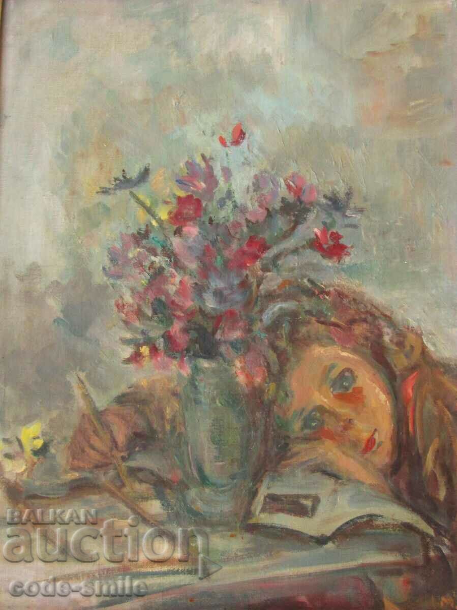 Old painting "Dreaming" painting drawing oil on canvas - 7