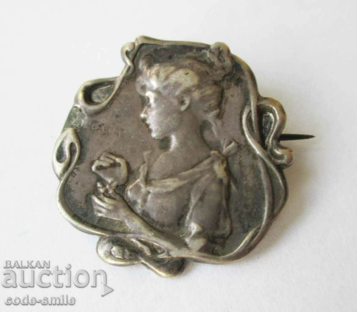 Broșă bătrână din argint bijuterie Art Nouveau semnată