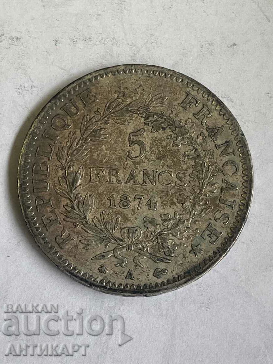 silver coin 5 francs France 1874 silver