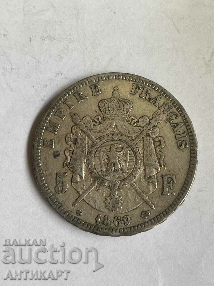 silver coin 5 franc France 1869 silver