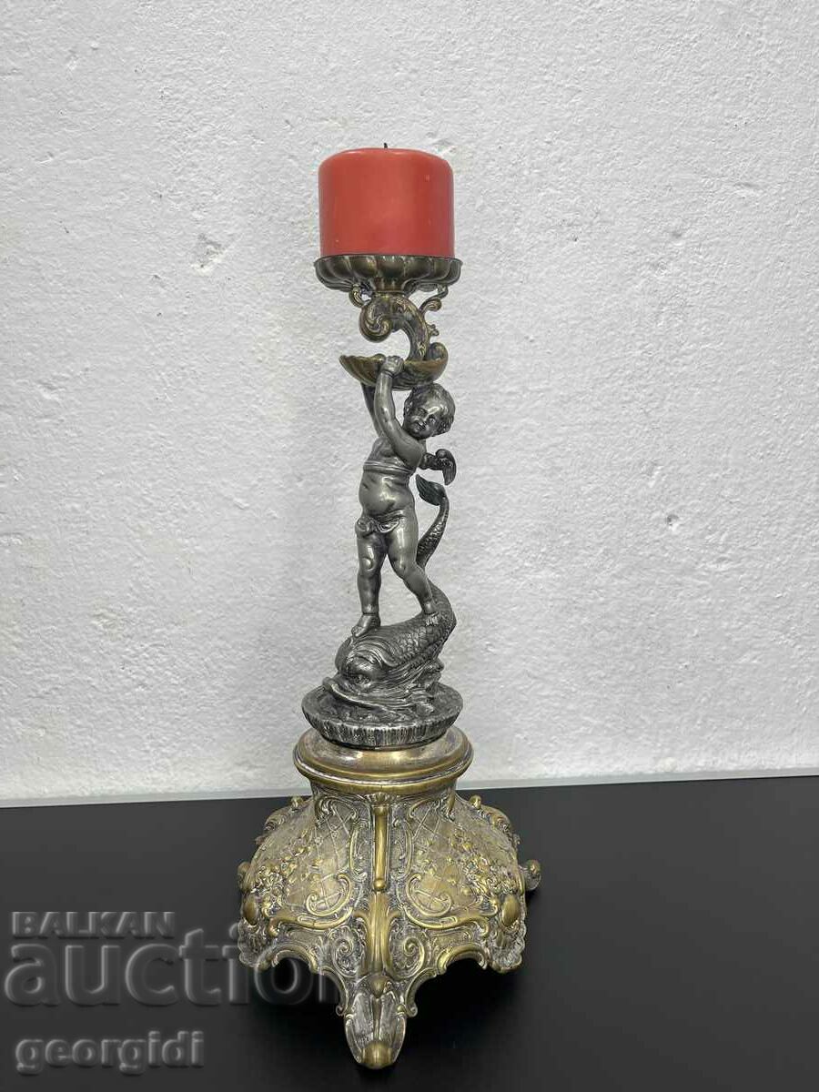 UNIQUE ‼ Metal silver-plated candlestick with cherub - AR Nuvo. #536