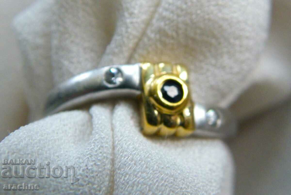 Auction Silver ring with gold plating, natural sapphire and topaz Auction Silver ring with gold plating, natural sapphire and topaz