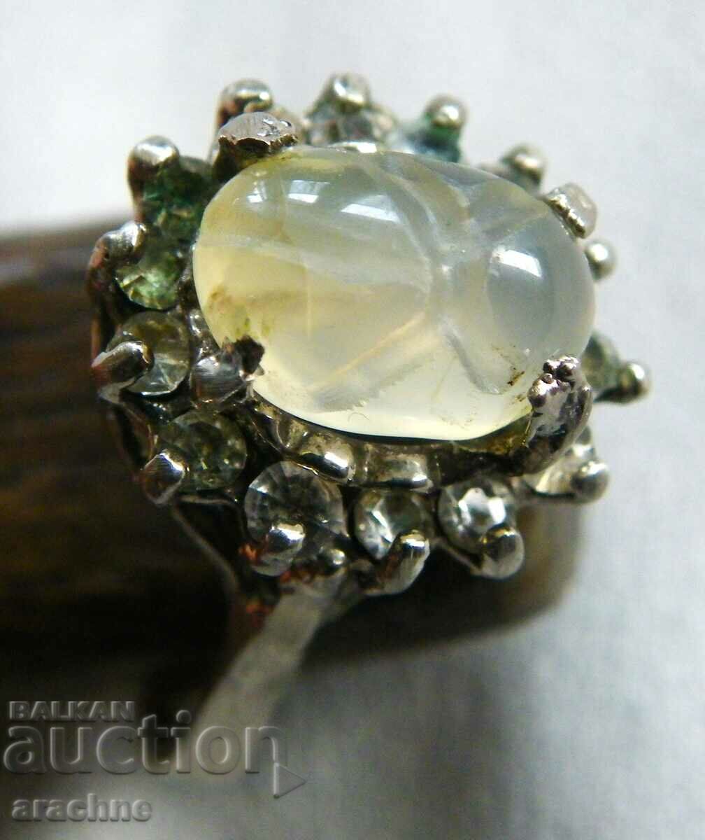 Сребърен пръстен със скарабей от планински кристал