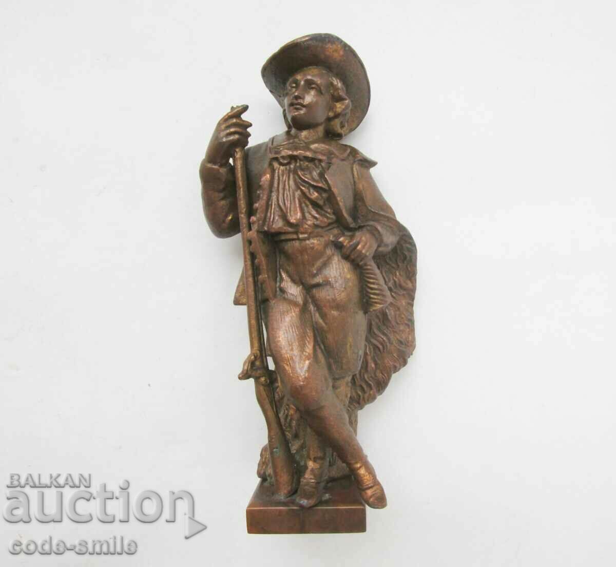 Figurină de statuetă din metal franceză veche Hunter cu cremene