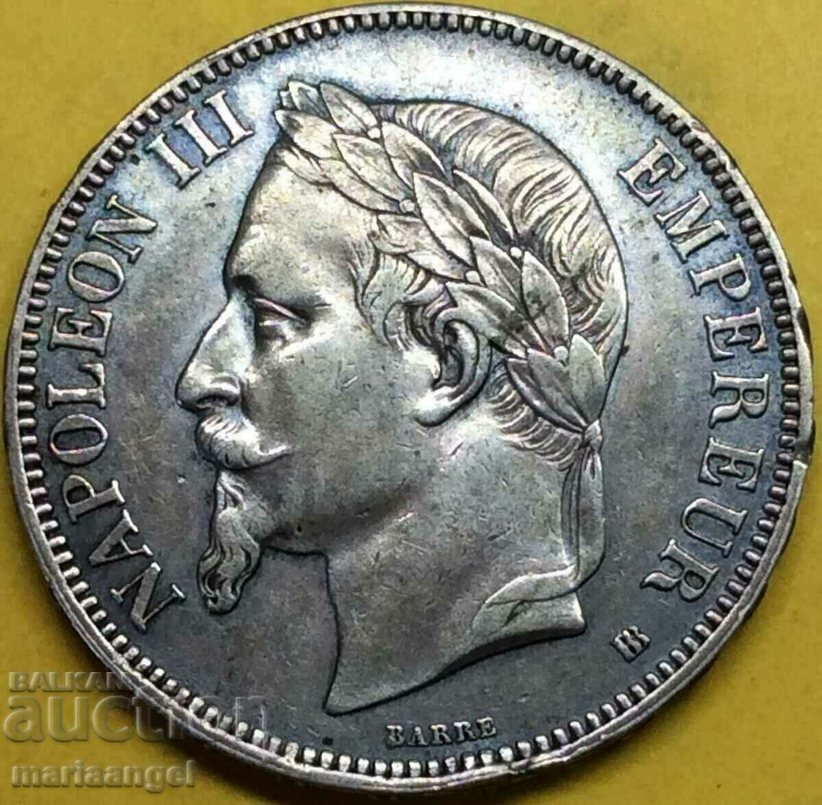 Franța 5 Franci 1867 (Paris) Napoleon III 24,92g argint