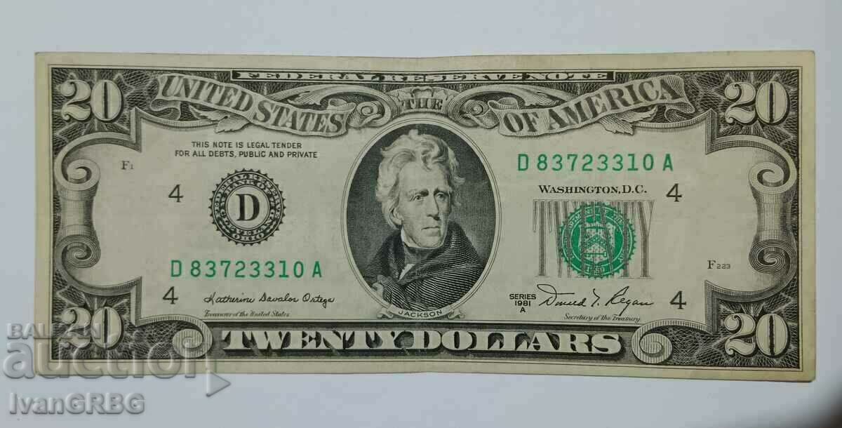 Auction 20 Dollars USA 1981 The Old Type "Small Head" Banknote Auction 20 Dollars USA 1981 The Old Type "Small Head" Banknote