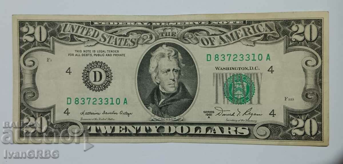 20 de dolari SUA 1981 Bancnota de tip vechi „Cap mic”.