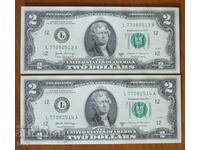 2 DOLLARS 2017, USA - 2 consecutive numbers - UNC