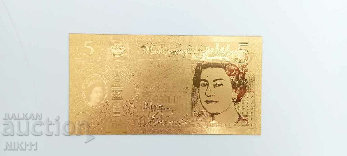 Banknote 5 pounds, gold pounds, COPY
