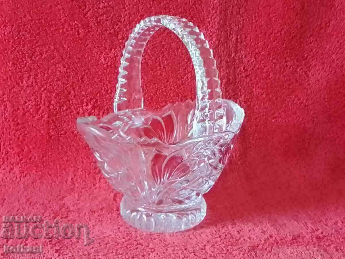 Old crystal solid bowl basket red flowers Bohemia