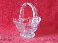 Old crystal solid bowl basket red flowers Bohemia