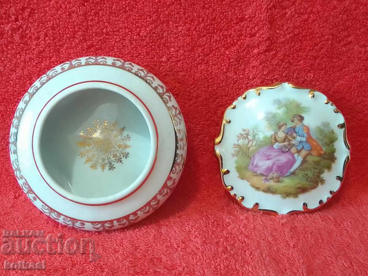 Old porcelain jewelry box gilt drawing author marks