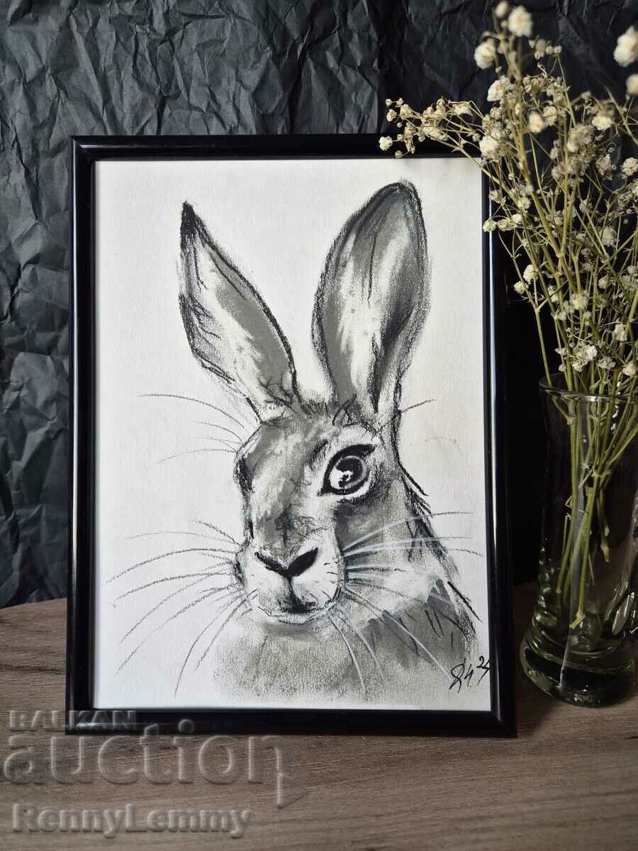 Rabbit, charcoal drawing, original