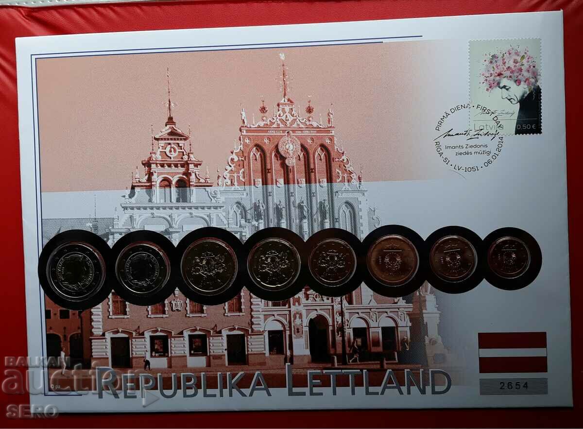Латвия-СЕТ 2014 от 8 евромонети сложени в голям плик