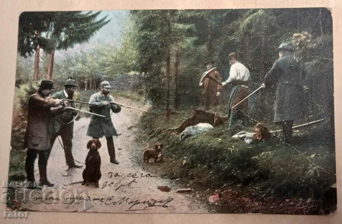Carte veche de culoare 1906 - vânătoare, vânători, câini, hollow