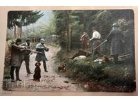 Carte veche de culoare 1906 - vânătoare, vânători, câini, hollow