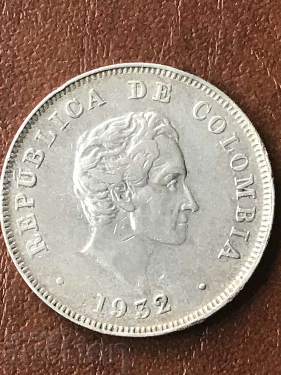 Columbia 50 centavos 1932 Simón Bolívar argint