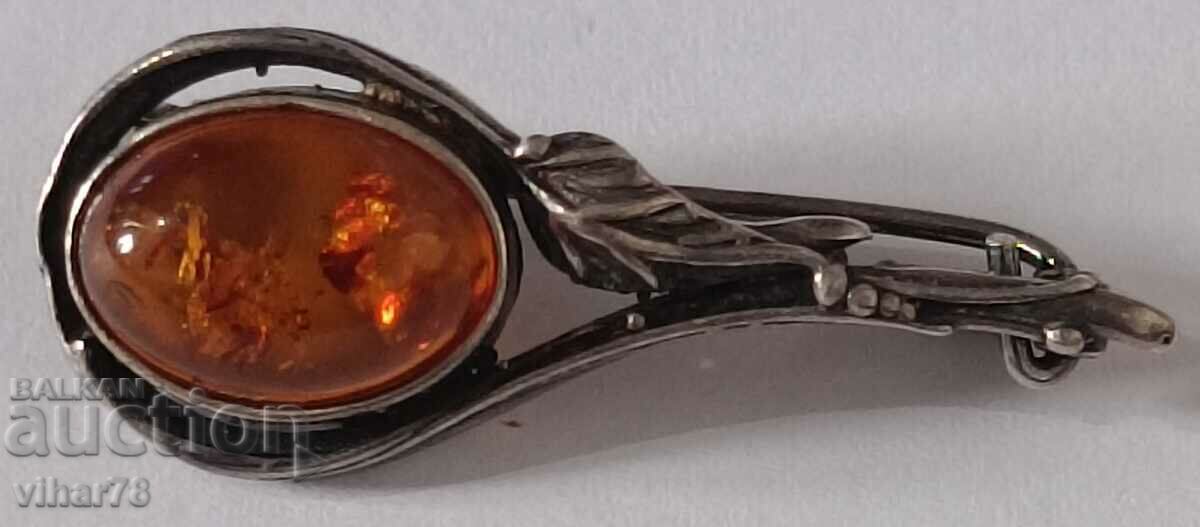 Auction Silver Brooch with Amber Auction Silver Brooch with Amber