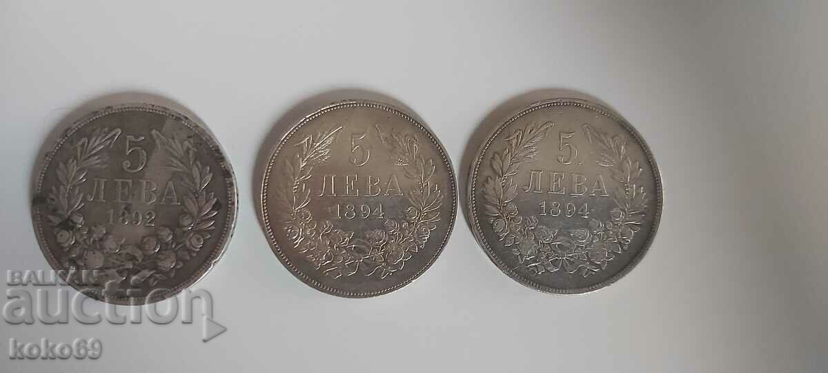 5 leva 1892 and 2 pieces 1894.