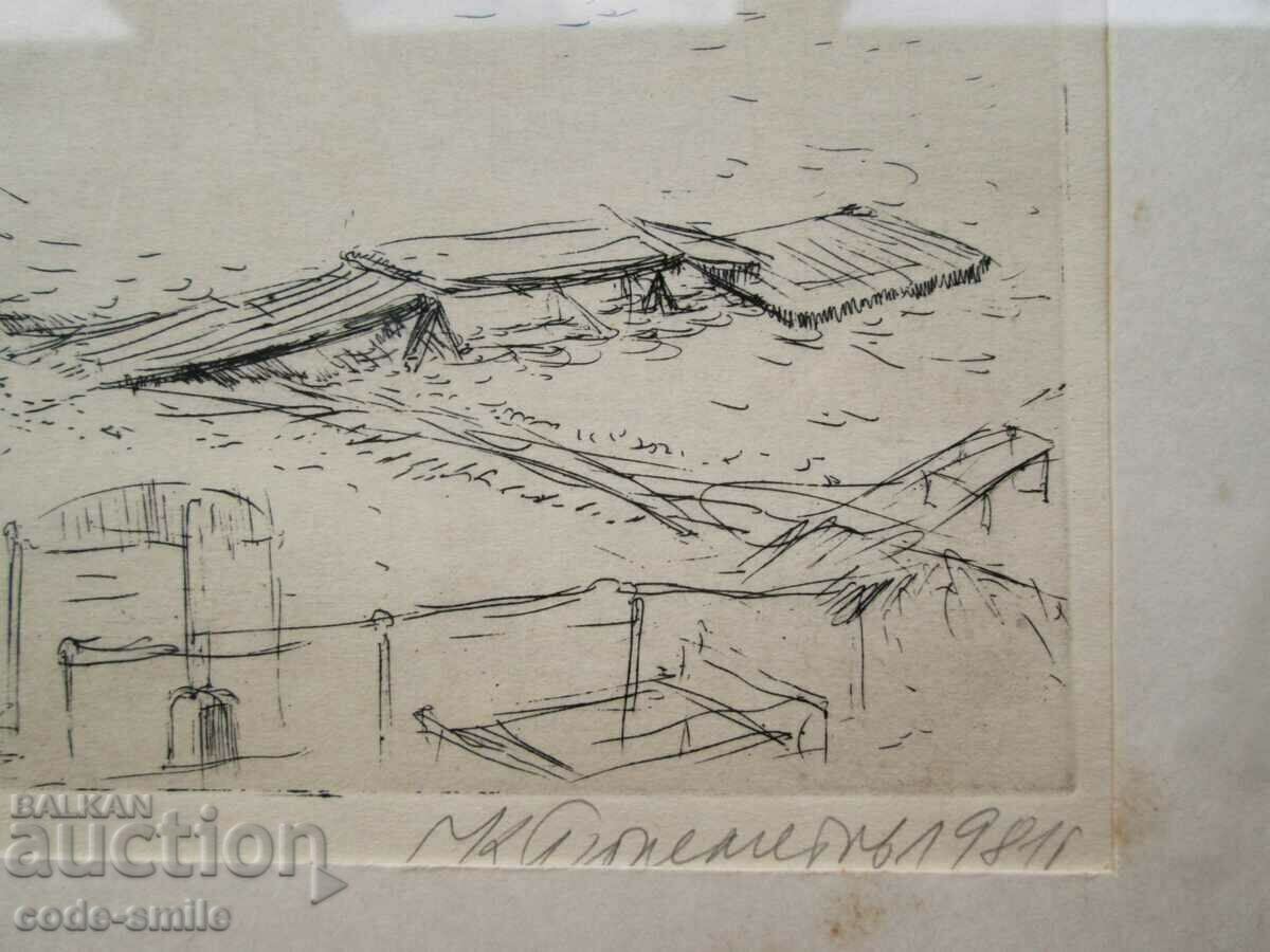 Licitație Imagine veche grafică Sozopol peisaj marin K. Gylemetov