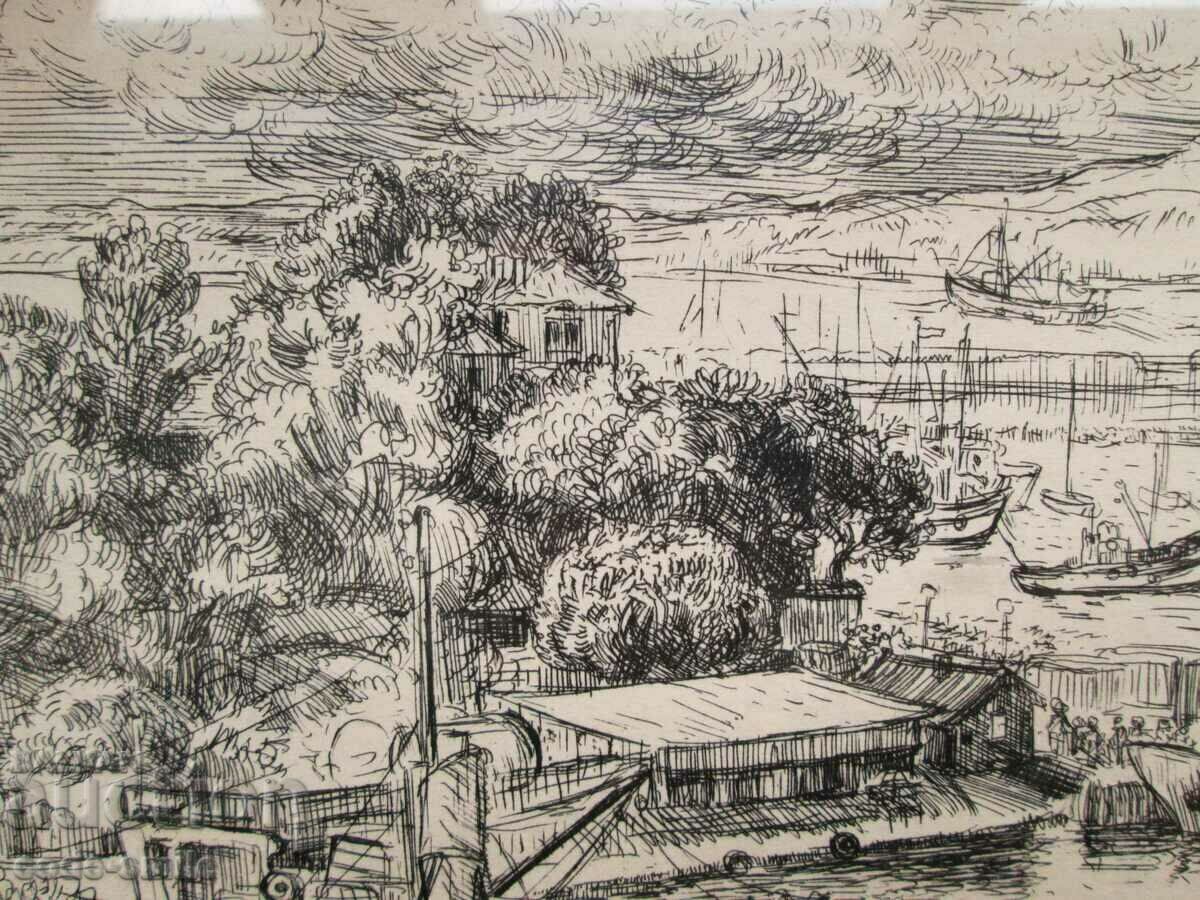 Imagine veche grafică Sozopol peisaj marin K. Gylemetov - 5