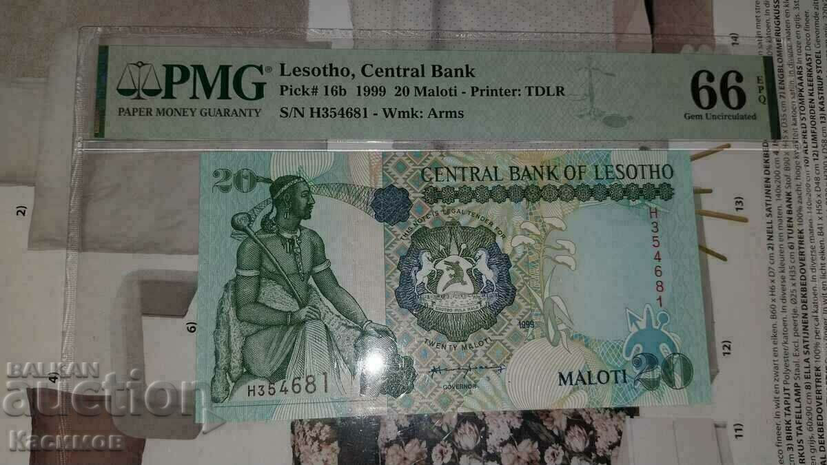 Graded Banknote from Lesotho 20 Myloti 1999,PMG 66 EPQ!