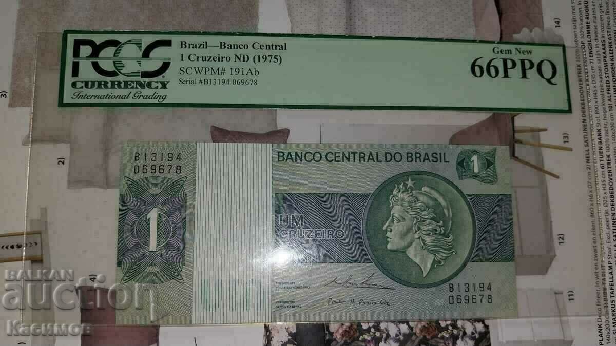 Грейдирана Банкнота от Бразилия 1 крузиерос 1975,PMG 66 UNC!