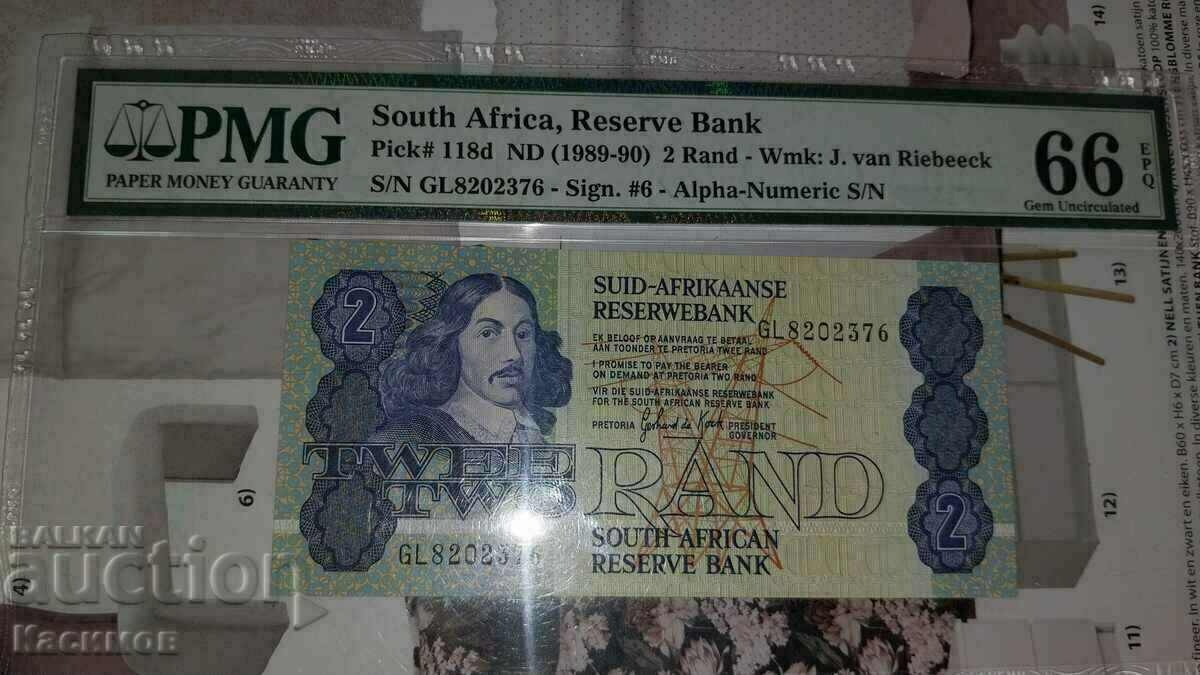 South Africa 2 Rand 1989 Graded Banknote, PMG 66 EPQ!
