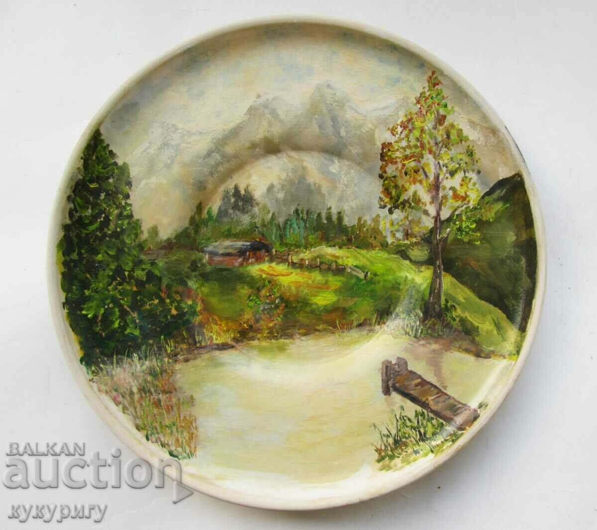 Painted porcelain wall plate picture mountain landscape