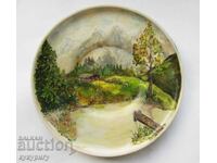 Painted porcelain wall plate picture mountain landscape