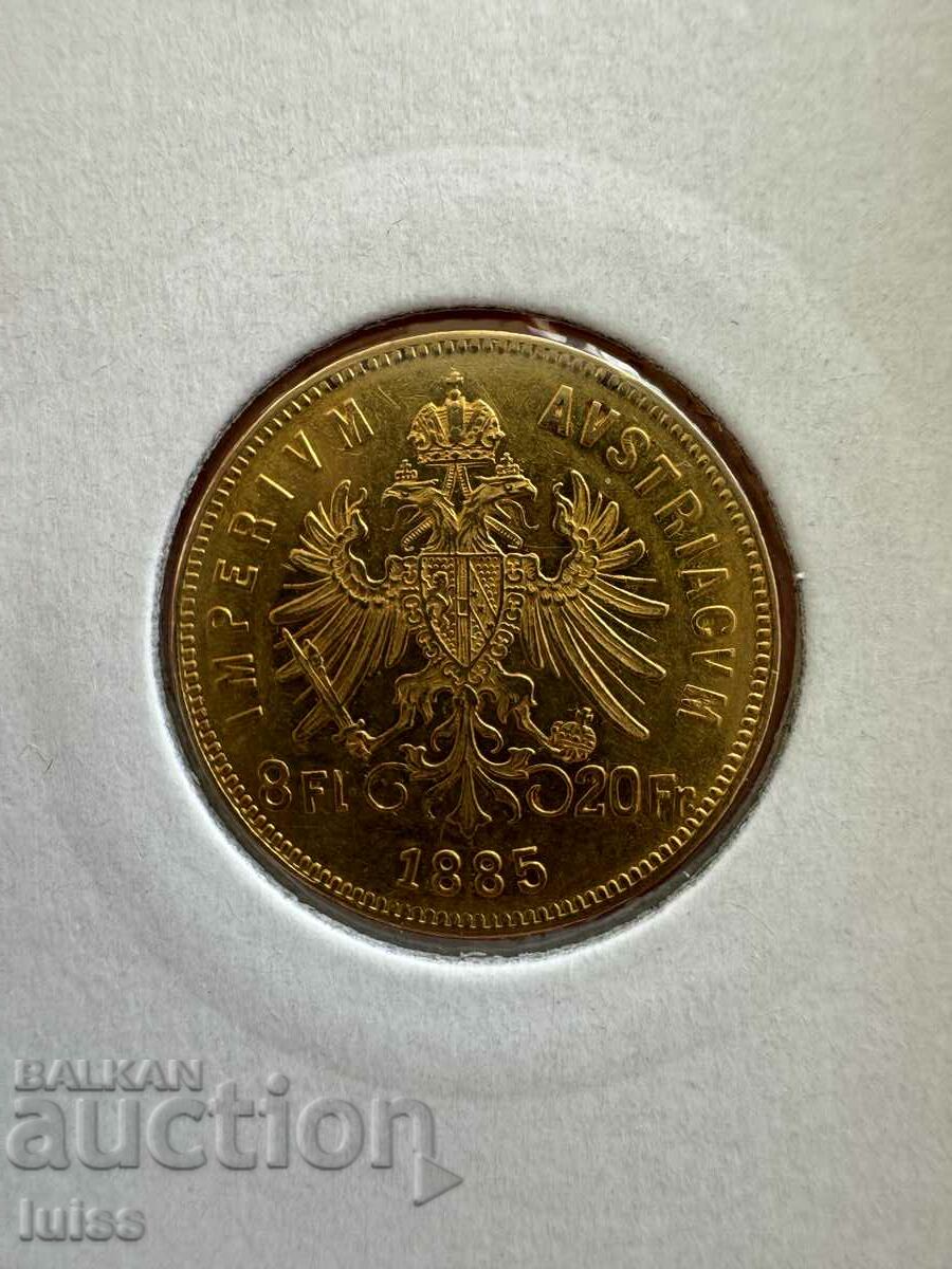 Gold Coin Austria 20 Francs/ 8 Florins 1885. Franz Yossi