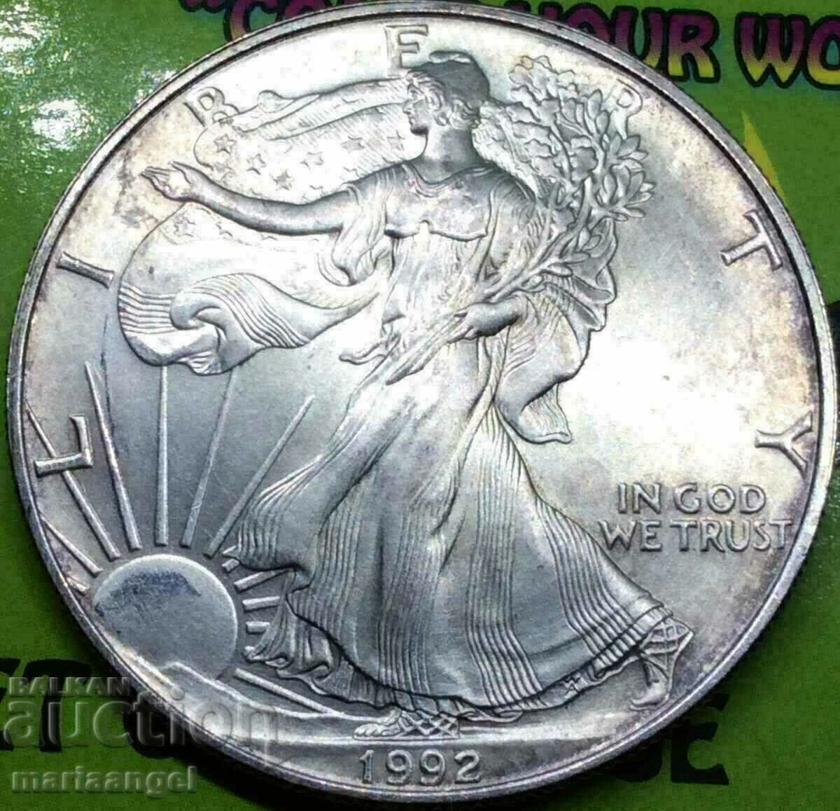 SUA 1 dolar 1992 1 oz uncie 31,27 g patină de argint