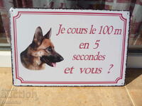 Metal plate inscription German shepherd 100m in 50 seconds dog